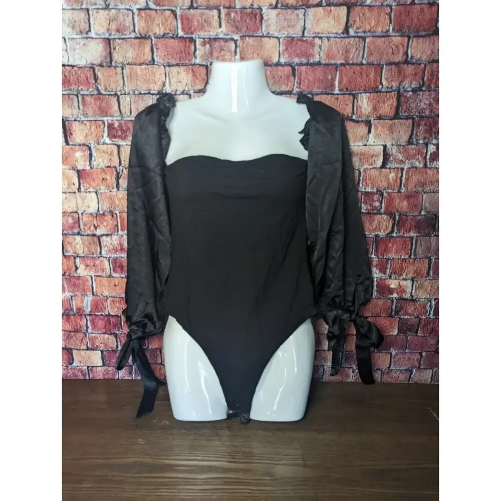 NWT Adika  Black Bodysuit with Satin Puffy Sleeves Size M